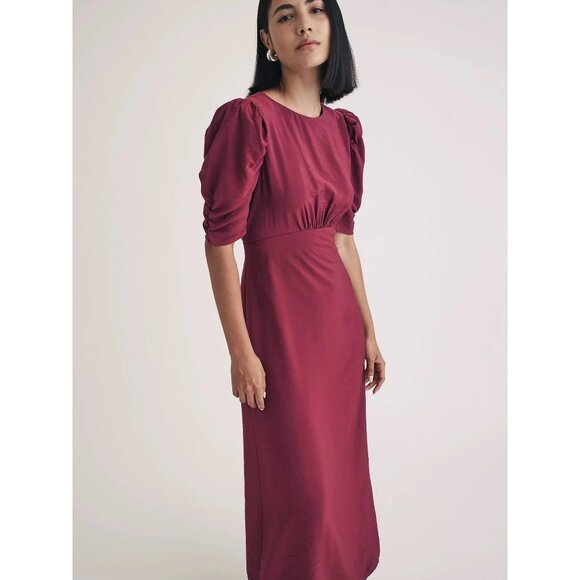 Nobody's Child Evie Women Midi Dress Burgundy Size 10 Puff Sleeve NWT Viscose - Picture 1 of 9